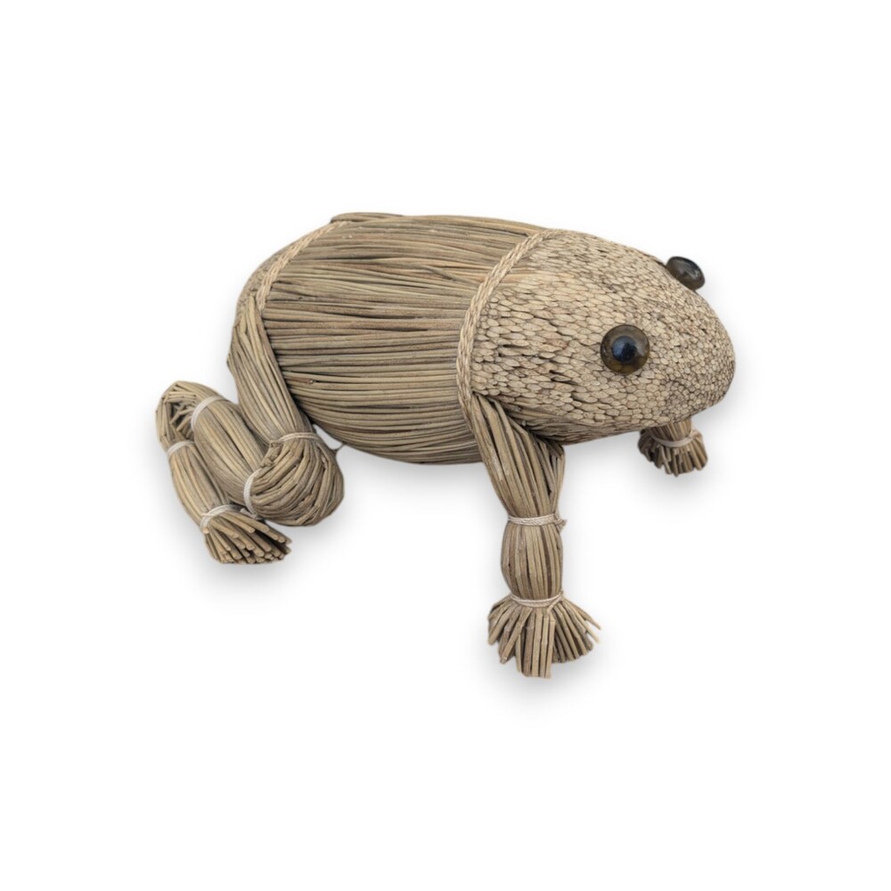Vintage Chinese Hand Made Woven Straw Folk‎ Art Frog Figure Glass Eyes 6''